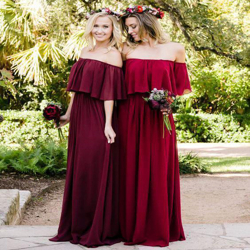 Off the Shoulder Burgundy Bridesmaid ...